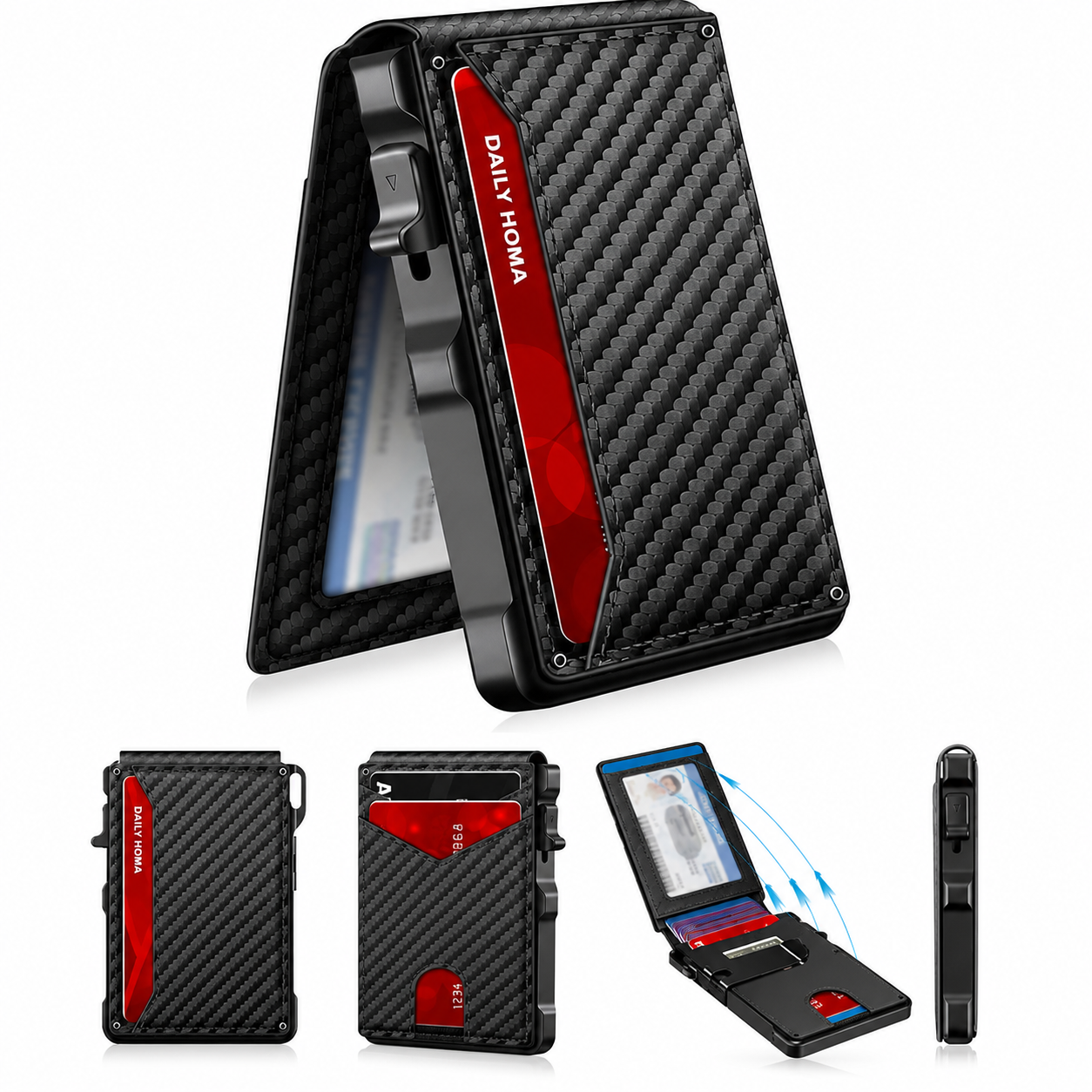 Minimalist Men’s Slim Wallet: 9 - 13 Cards, Money Clip, ID Window. RFID - Blocking, Aluminum Bifold Pop - Up