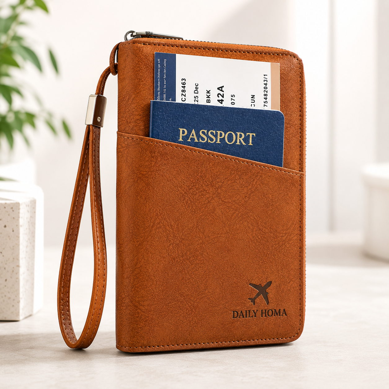 Daily Homa Passport Holder in use with passport and boarding pass