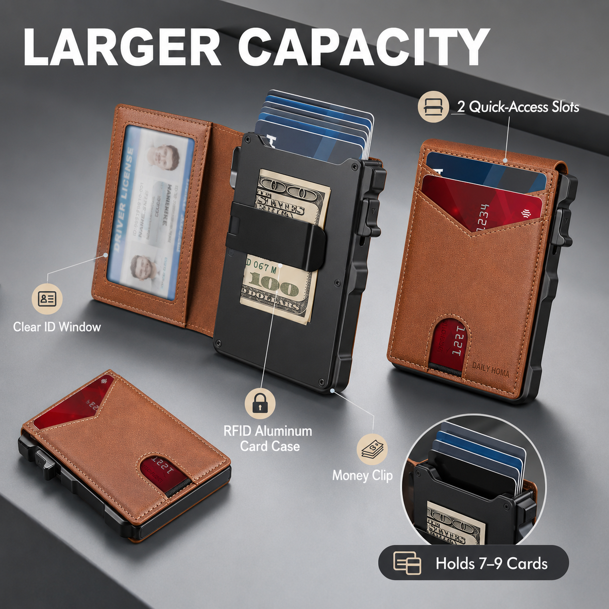 Minimalist Men’s Slim Wallet: 9 - 13 Cards, Money Clip, ID Window. RFID - Blocking, Aluminum Bifold Pop - Up
