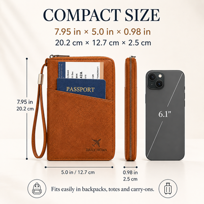 Compact Size — Daily Homa Passport Holder dimensions next to iPhone