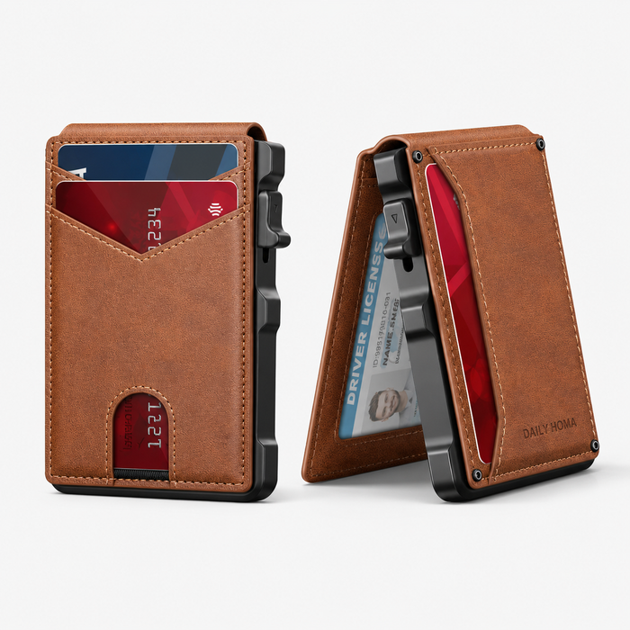 Minimalist Men’s Slim Wallet: 9 - 13 Cards, Money Clip, ID Window. RFID - Blocking, Aluminum Bifold Pop - Up